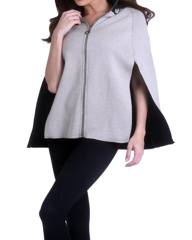 Front of a model wearing a size XL High Slit Detachable Hooded Poncho in Black/Stone in Black/Stone by ANGEL. | dia_product_style_image_id:327503